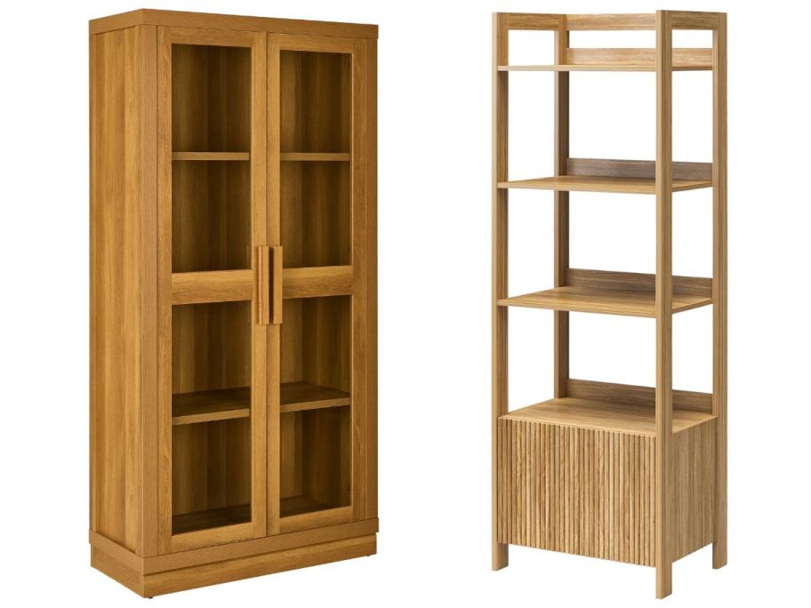 Better Homes & Gardens Ezra Glass Door Storage Accent Cabinet and Mainstays 4-Shelf Reeded Bookcase w Drawer