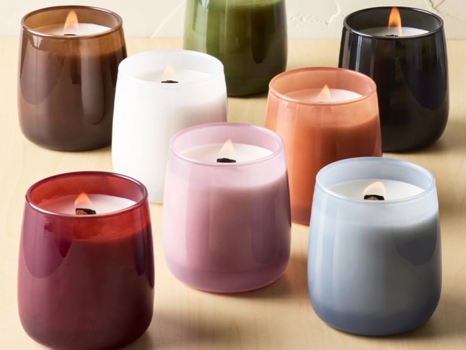 colorful wood wick jar candles