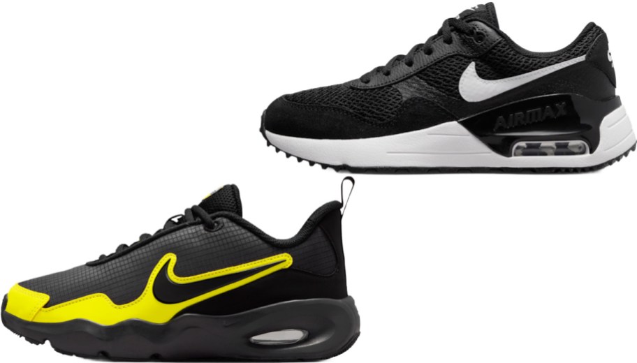 A pair of black Nike Air Max sneakers, one with a white swoosh and white sole, and the other with a yellow swoosh and yellow toe overlay.