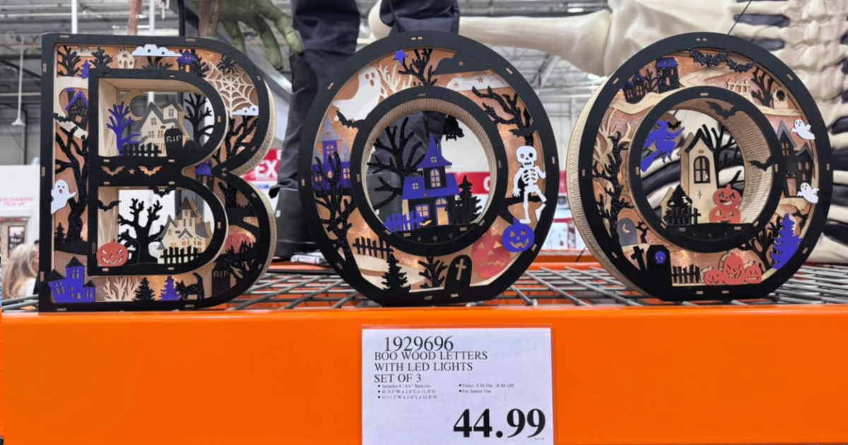 Wooden boo letters inside Costco warehouse
