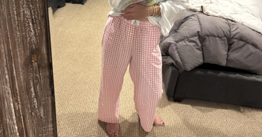 Boxer Lounge Pants being worn by woman in front of a mirror