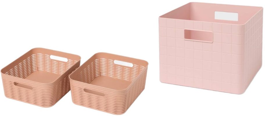 Stock images of two terracotta brightroom medium storage bins and a large pink bin with handles