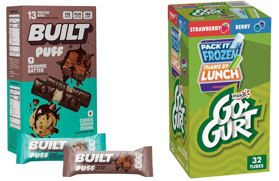Boxes of Built Protein Bars and Yoplait Go Gurt Tubes