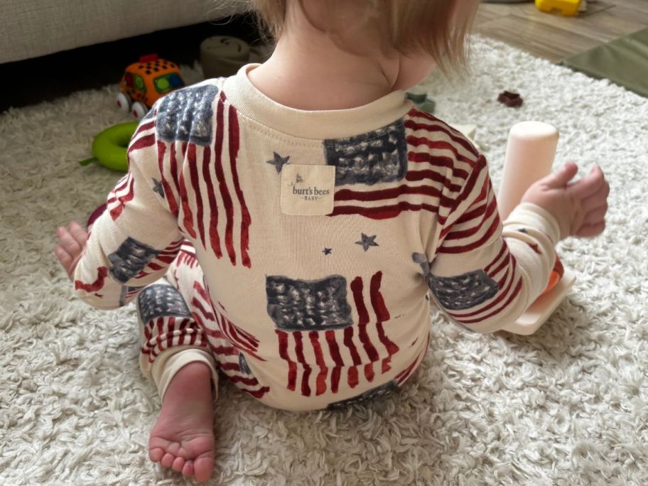 Back of a baby wearing Burt's Bees Baby Pajamas