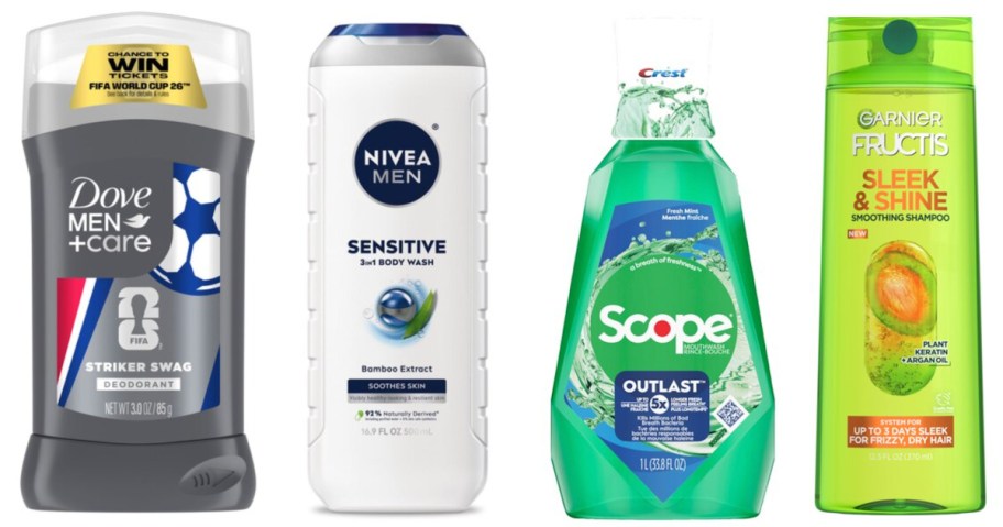 deodorant, body wash, mouthwash and shampoo