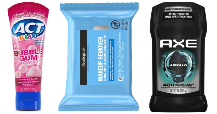 toothpaste, face wipes and deodorant