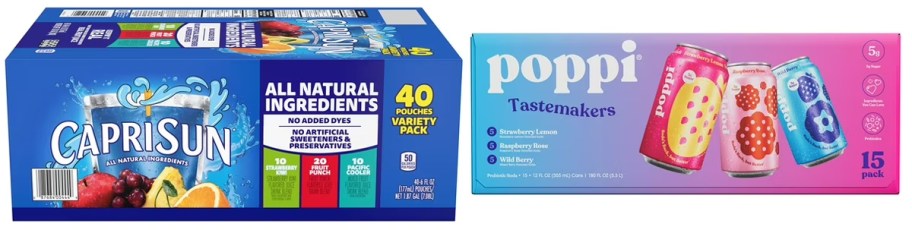 Capri Sun 40-Count Variety Pack box and Poppi Prebiotic Soda Tastemakers 15-Pack box