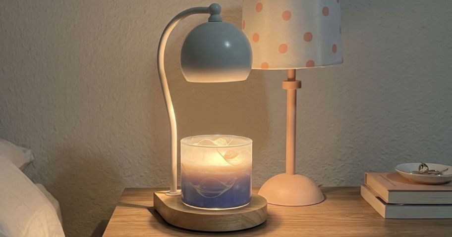 Cawalap Candle Warmer Lamp with two bulbs in White on side table in bedroom
