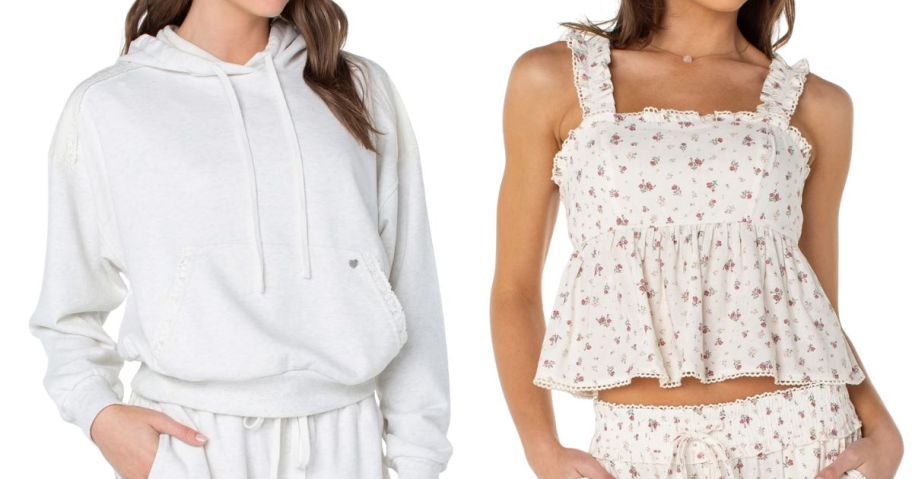 white Celebrity Pink Women's Lace Trim Hoodie Sweatshirt and white Flutter Sleeve Peplum Top