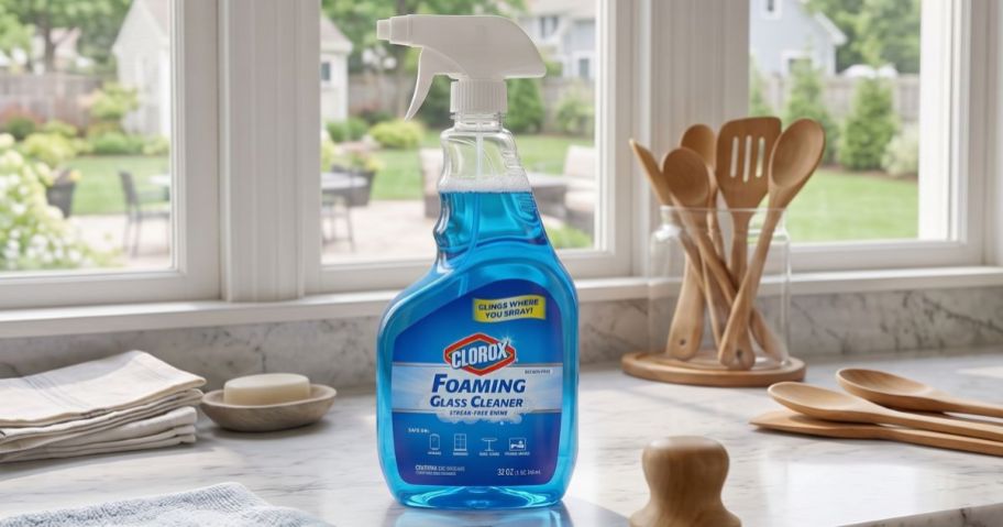 Clorox Streak-Free Foaming Glass Cleaner 32oz Trigger Spray bottle on counter
