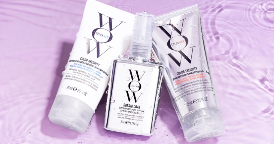 3 travel-size Color Wow Hair Products on a purple background