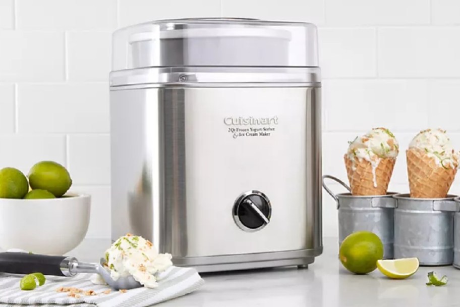 Cuisinart ice cream maker, bowl of limes and ice cream cones.