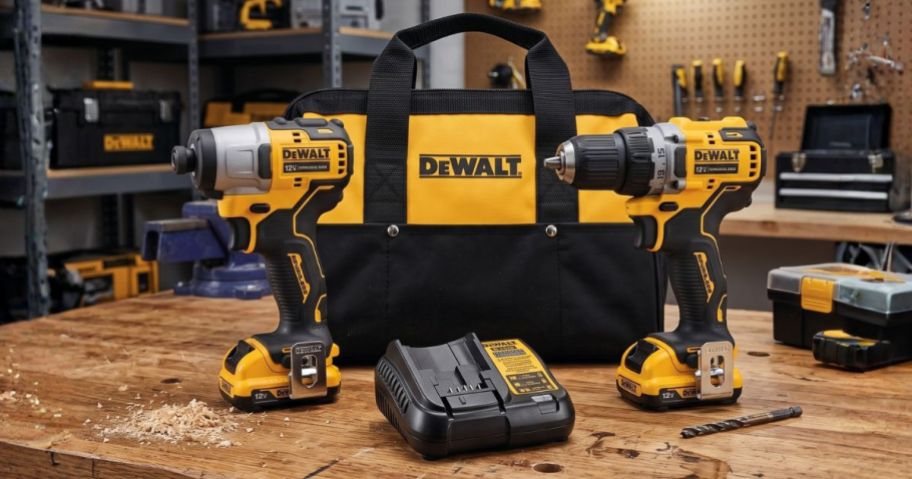 DEWALT XTREME 2-Tool 12V MAX XR Brushless DrilIImpact Driver w Bag, 2 Batteries, & Charger on workbench