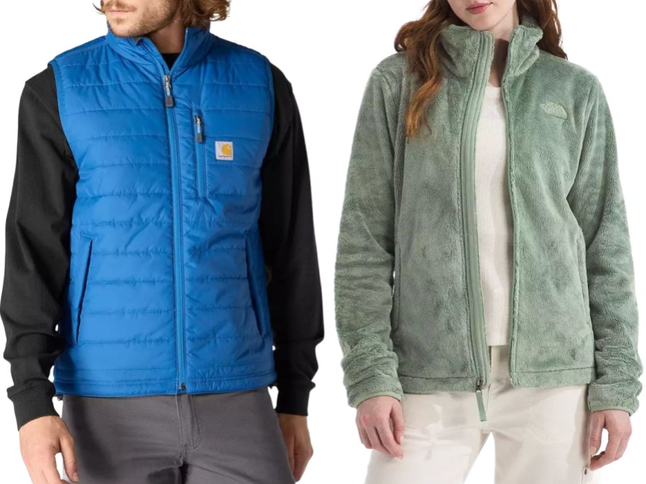 Man wearing a blue carhartt vest and a woman wearing a moss green The North Face fleece