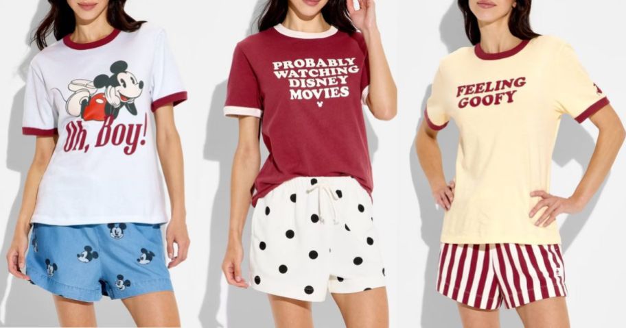 Stock images of 3 women wearing Disney graphic tees and shorts
