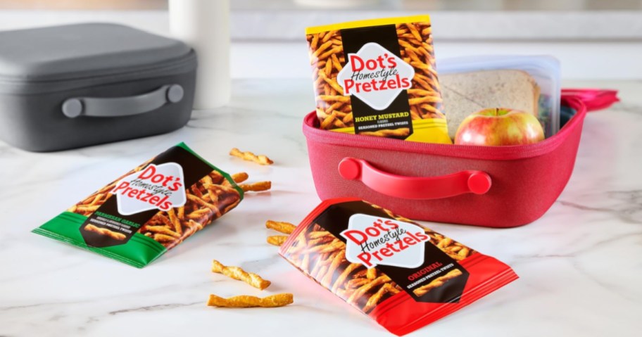 bags of Dot's Pretzels in a lunch box