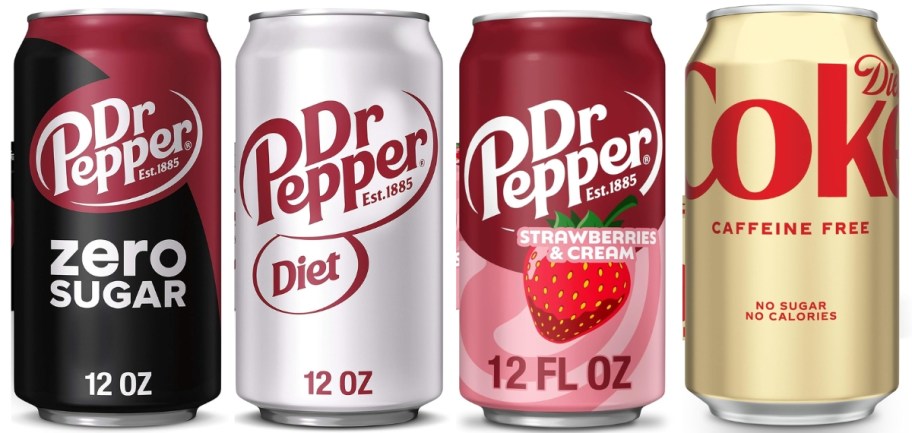 stock images of four cans of dr pepper zero sugar, diet dr pepper, dr pepper strawberries and cream, and caffeine free diet coke in line