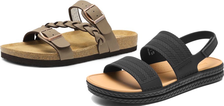 pairs of brown and black sandals