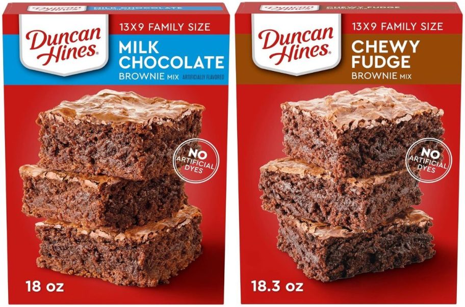 Stock images of two family size boxes of Duncan Hines Brownie Mixes