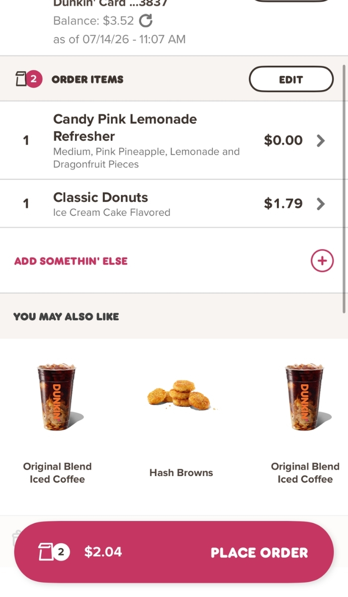 screenshot of dunkin' mobile order cart showing donut and free drink