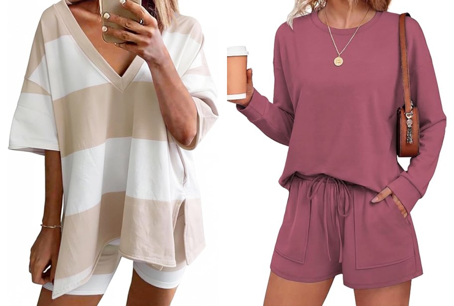 women in tan and pink lounge sets