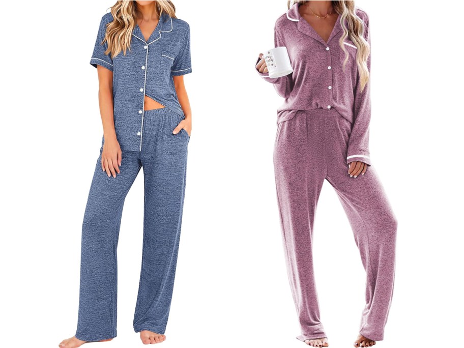 women modeling blue and pink pajama sets