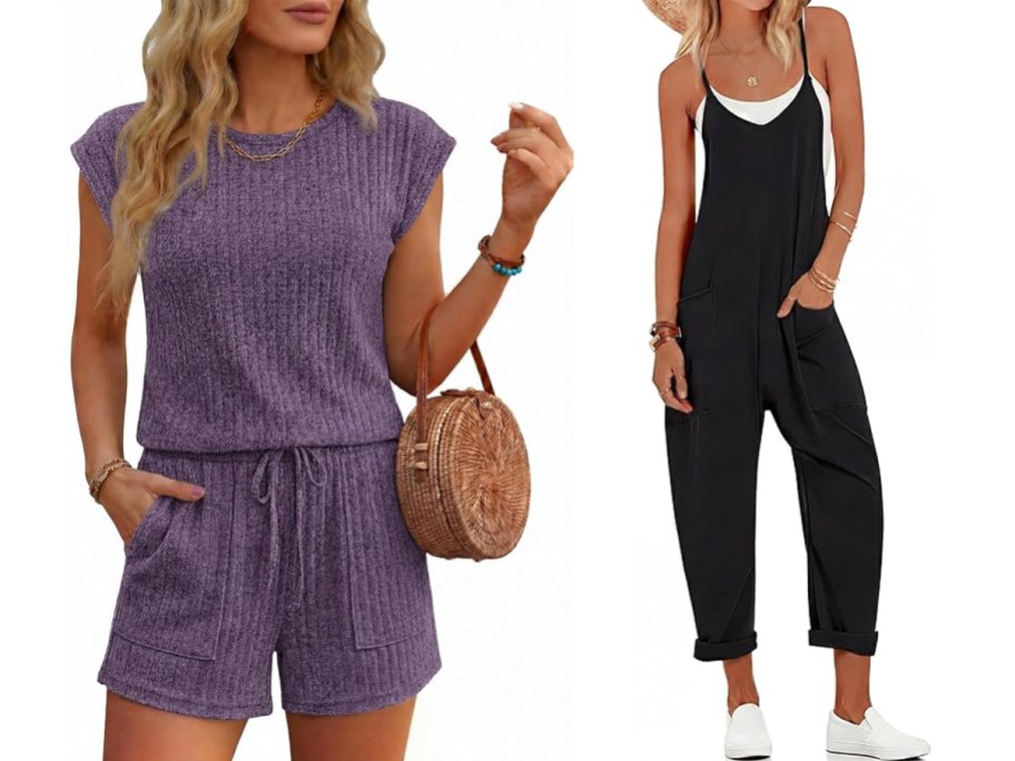 two women in purple and black rompers