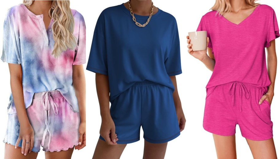 Three women modeling different short-sleeve pajama and shorts sets side-by-side, including a pink and blue tie-dye set, a solid navy blue set, and a bright pink set.