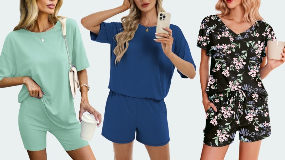 three women wearing 2 piece shorts lounge sets