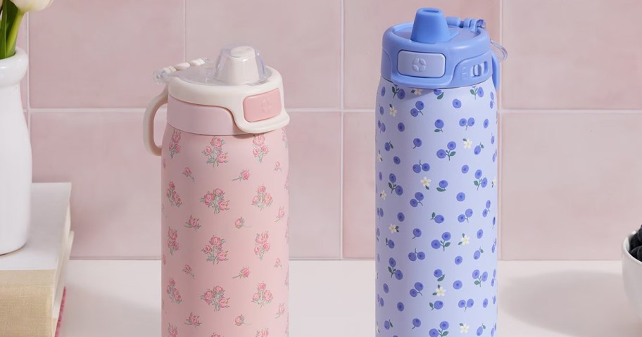 Ello Pop & Fill 22oz Stainless Steel Water Bottle 2-Pack on display on a counter