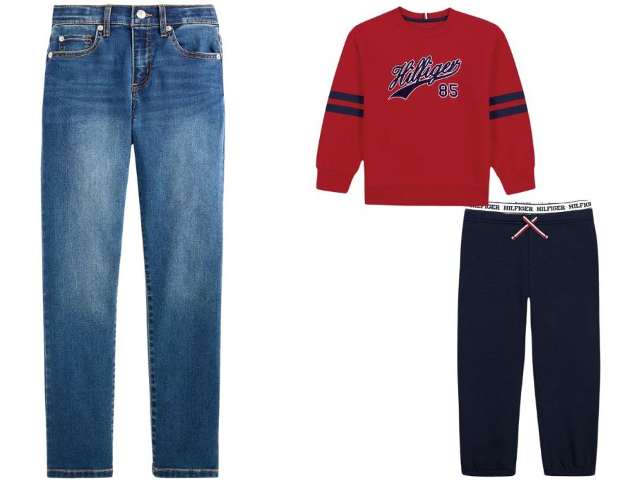 Epic Threads Super Soft Stretch Knit Denim Jeans and Tommy Hilfiger Toddler Boys' Long-Sleeve Sweatshirt & Joggers