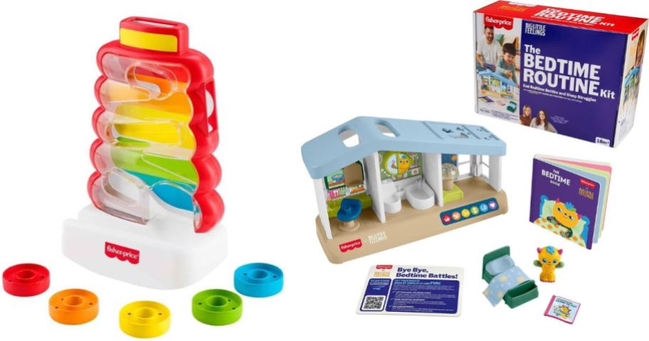 Stock images of Fisher Price Drop-Through Rock-a-Stack Toy and Big Feelings Bedtime Routine Set
