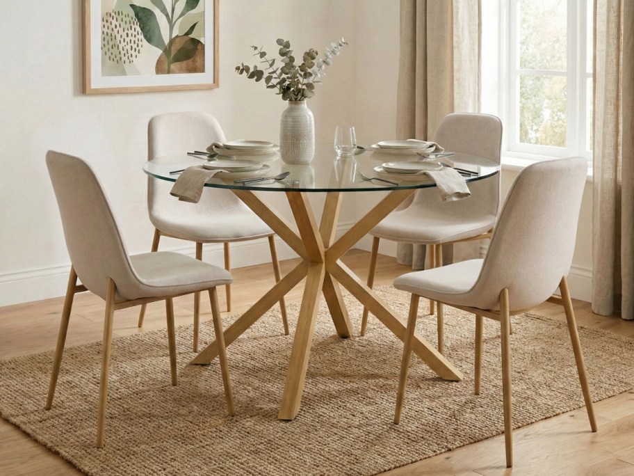 A Folmar 5-piece dining set featuring a round glass tabletop on an intersecting wooden base, surrounded by four upholstered chairs with light-colored fabric and slender wooden legs, set on a jute rug in a bright dining room.