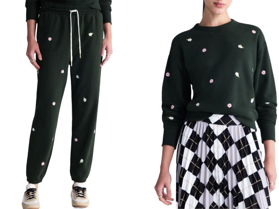 Stock images of women wearing Free assembly embroidered sweatpants and sweatshirt