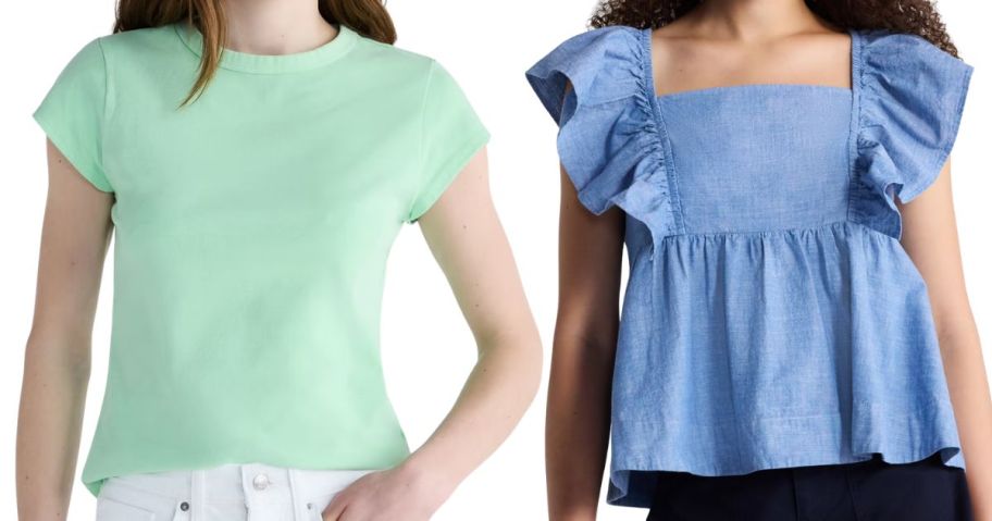 green Free Assembly Women's Cap Sleeve Tee and blue Square Neck Cotton Top