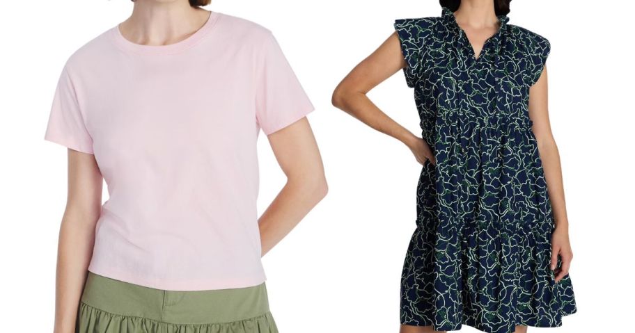 pink Free Assembly Women's Cotton Cropped Boxy Tee and black Time and Tru Women's Tiered Cotton Mini Dress
