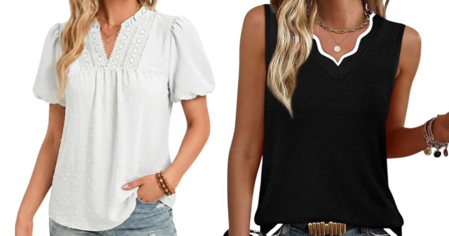 two women wearing Funlingo Women's Boho Top and WIHOLL Women's V Neck Lightweight Sweater in white and black