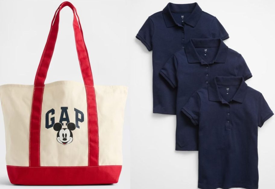 Stoack images of GAP x Disney Tote Bags and 3 Gap Factory Polo Shirts