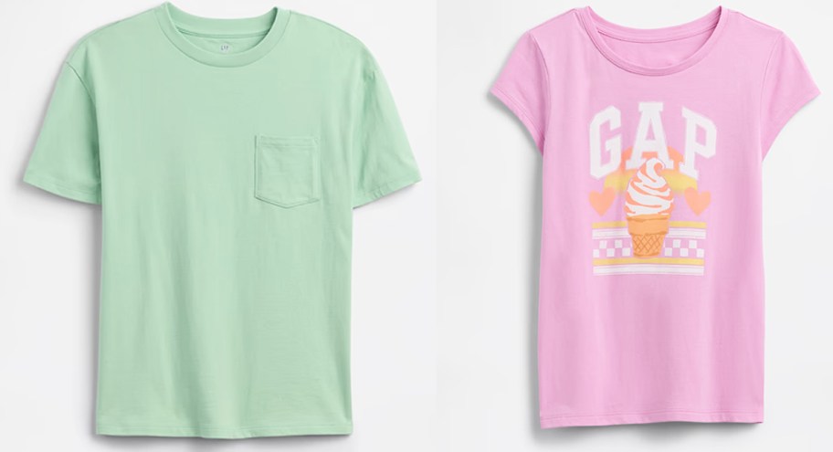 solid green tee and pink graphic tee