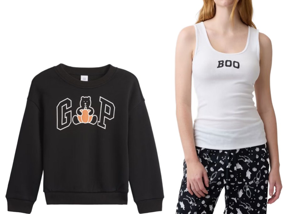 Stock images of GAP Factory Halloween Toddler Sweatshirt and woman wearing Halloween pajamas
