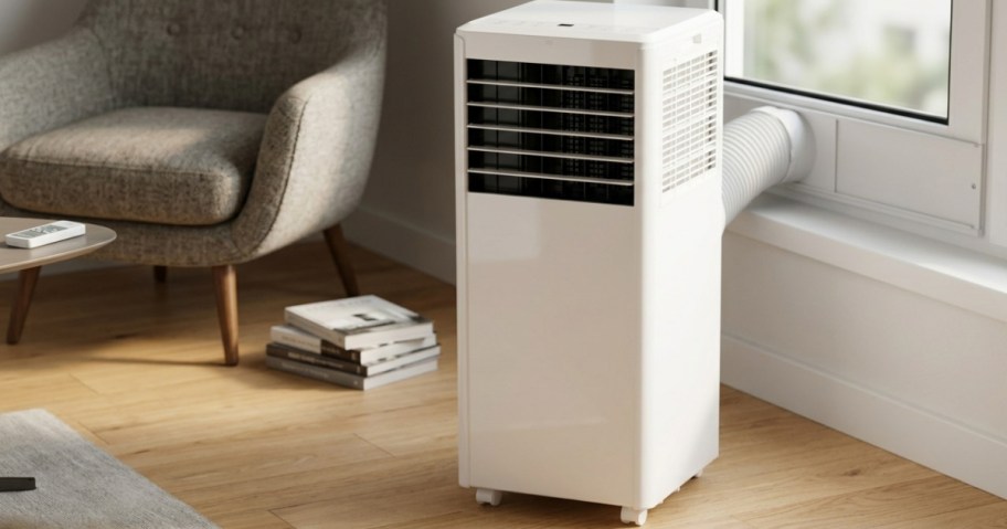 A white portable air conditioner standing on a light wood floor with an exhaust hose venting out of a nearby window, next to a gray armchair.