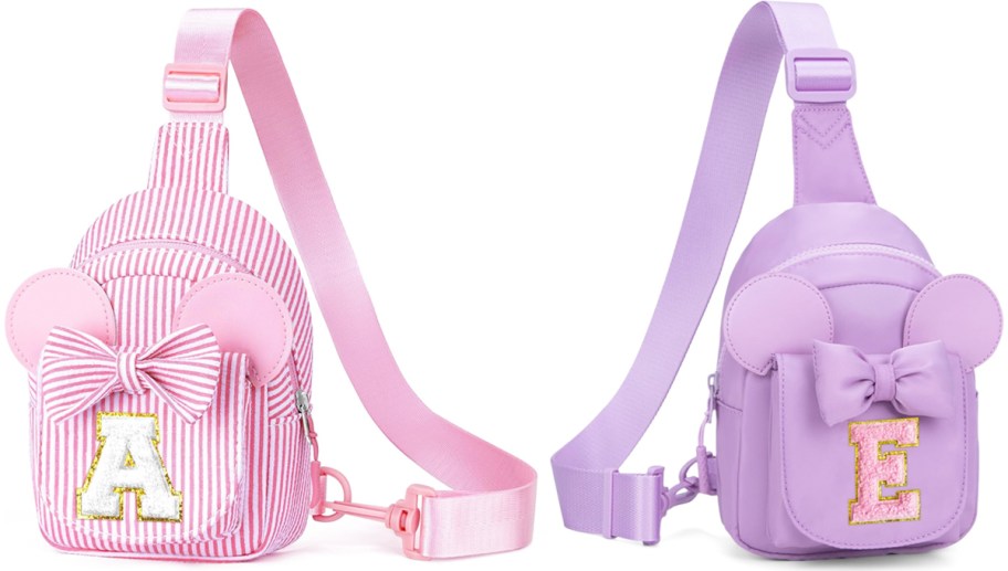 pink and purple sling bags with mouse ears and initial patches