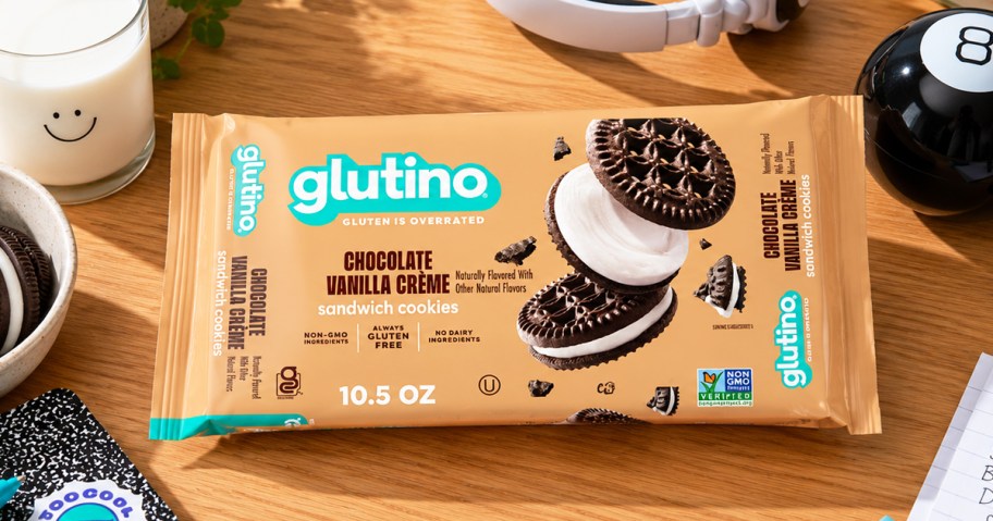 pack of Glutino Chocolate Vanilla Creme Sandwich Cookies on a wood table