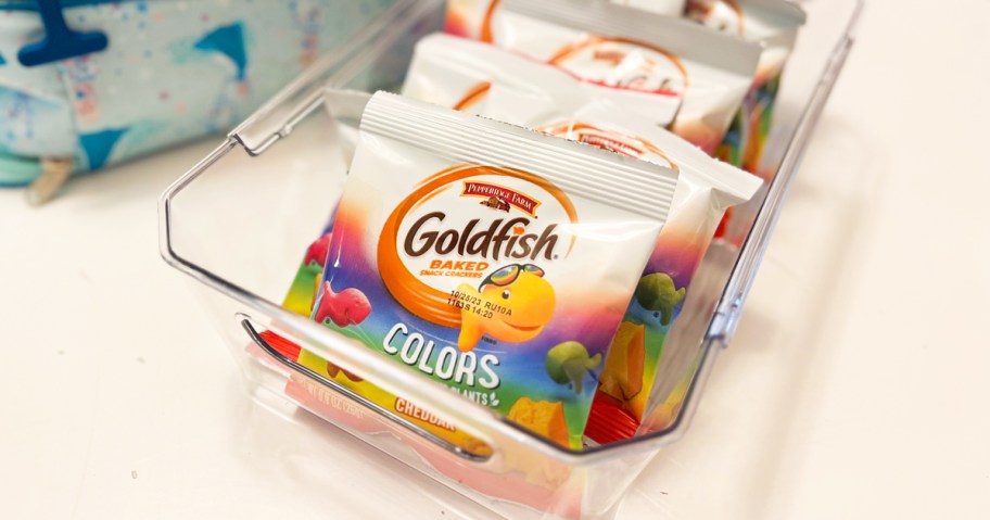 bags of goldfish colors crackers in an acrylic bin