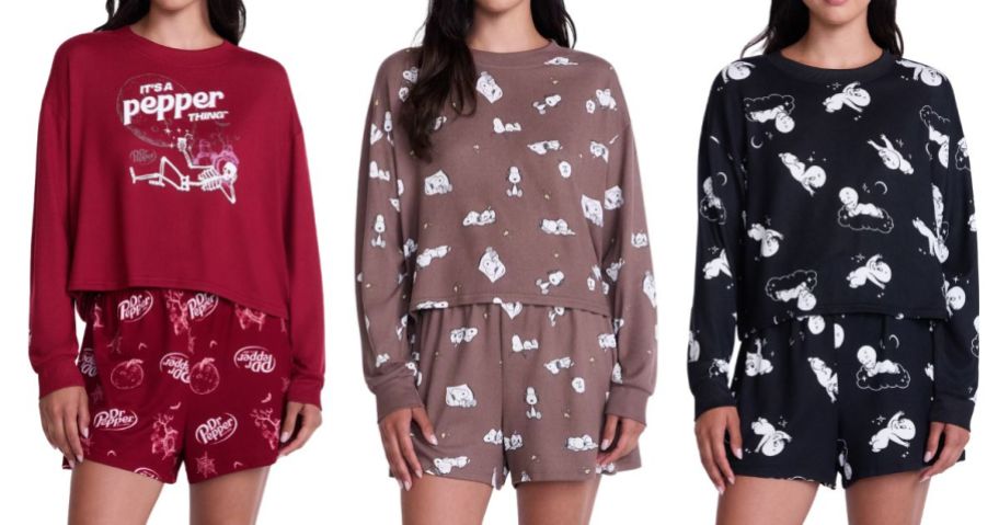 three women wearing Grayson Social Women's Halloween Tee & Shorts Pajama Sets