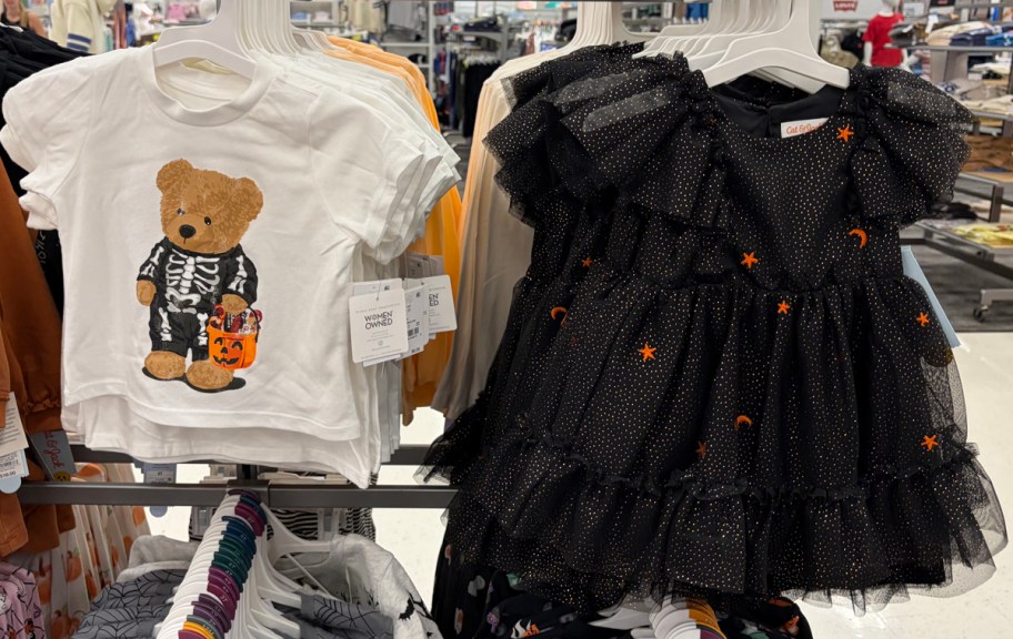 Grayson Threads Mini Toddler Halloween Skeleton Teddy Bear Graphic T-Shirt and Toddler Girls' Embroidered Star & Moon Tulle Dress