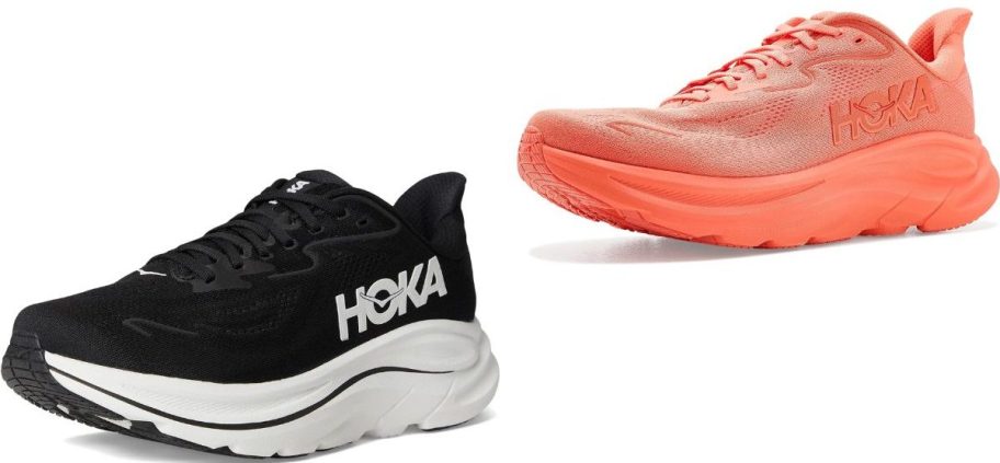 Stock images of women's & men's HOKA Clifton 10 running shoes in black & white and persimmon colorwaves