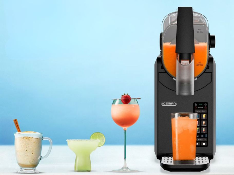 Iceman by Chefman Slush-Ease 88oz Total / 64oz Drink Capacity Slushy Maker w/ Touchscreen with drinks next to it on counter