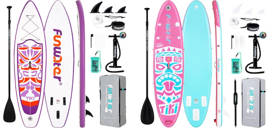 purple and pink inflatable paddle boards with accessories 