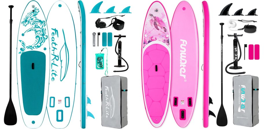 teal and pink inflatable paddle boards with accessories 